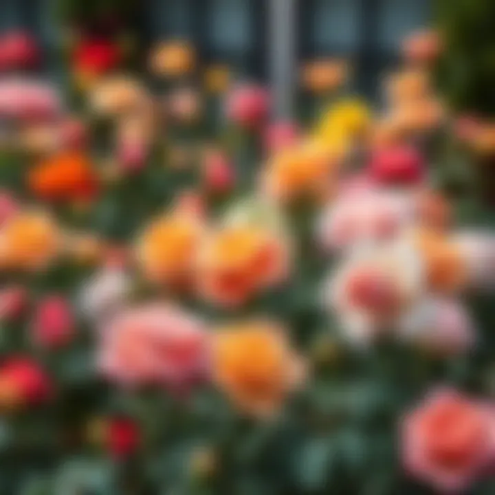 A vibrant rose garden showcasing various types of roses in full bloom