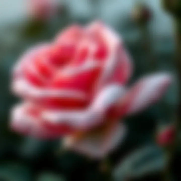 Close-up of a rose with dew drops accentuating its petals