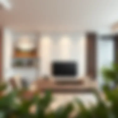 Modern living space featuring a sleek TV unit integrated with decor