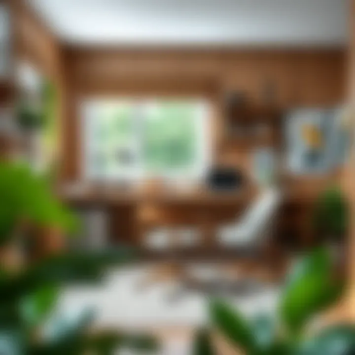 A stylish Scandinavian workspace incorporating natural materials and efficient layout