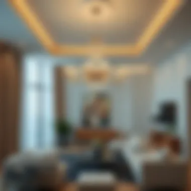 Modern chandelier illuminating a contemporary living room