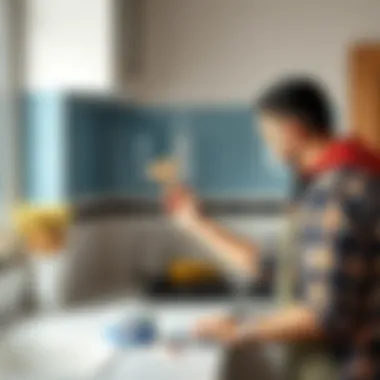 DIY enthusiast applying waterproof tile paint to kitchen backsplash
