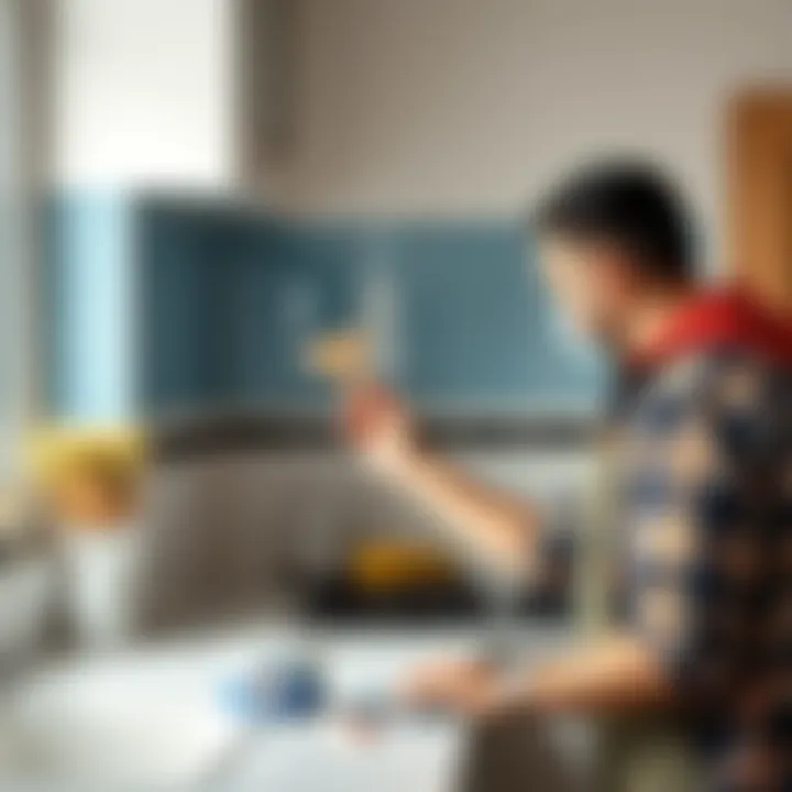 DIY enthusiast applying waterproof tile paint to kitchen backsplash