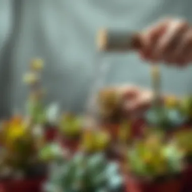 Hands watering succulent plants