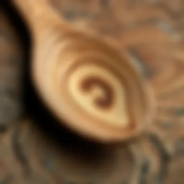 A close-up of natural wood grain patterns on a handcrafted spoon