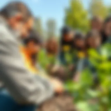 A group of dedicated individuals engaged in a community tree planting event, fostering unity and environmental awareness