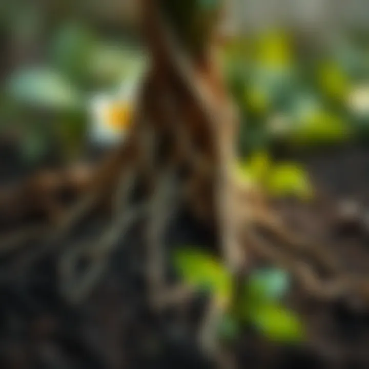 A close-up of roots intertwining with soil, symbolizing growth and stability