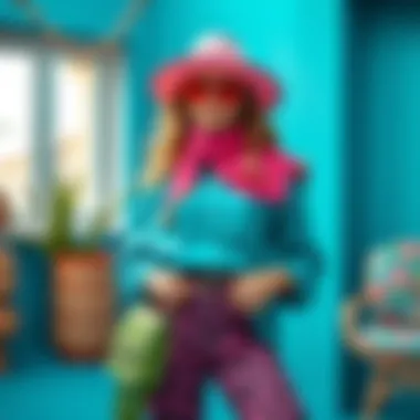 Vibrant fashion ensemble featuring turquoise and contrasting shades