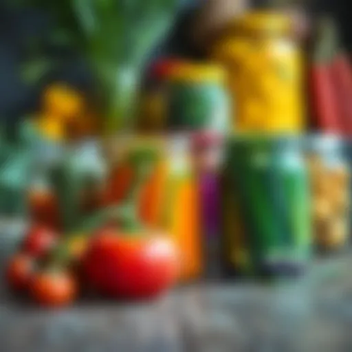 Colorful jars of fermented vegetables on a wooden table