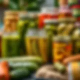 A variety of pickles displayed in jars