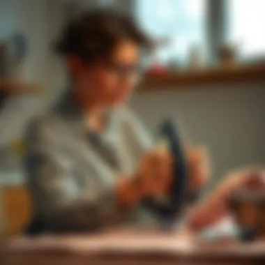 A person using an iron with attention to safety precautions