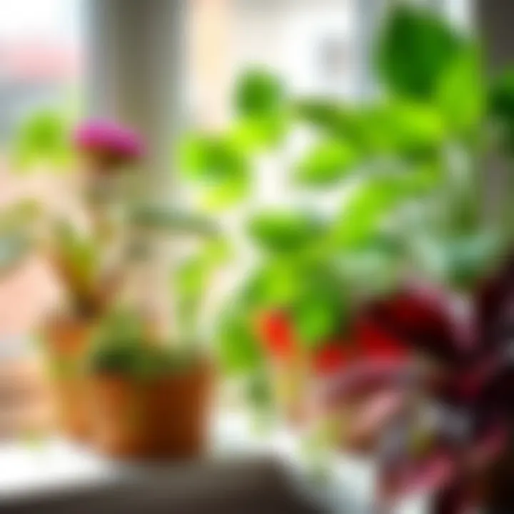 Close-up of vibrant houseplants on a windowsill.