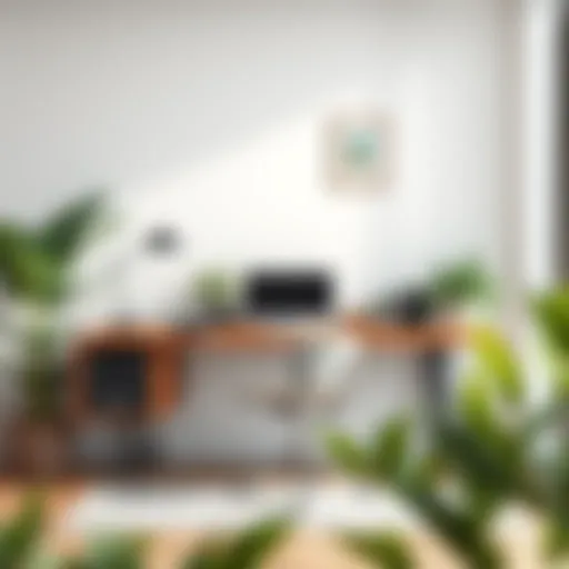 A minimalist workspace featuring a sleek wooden desk with plants